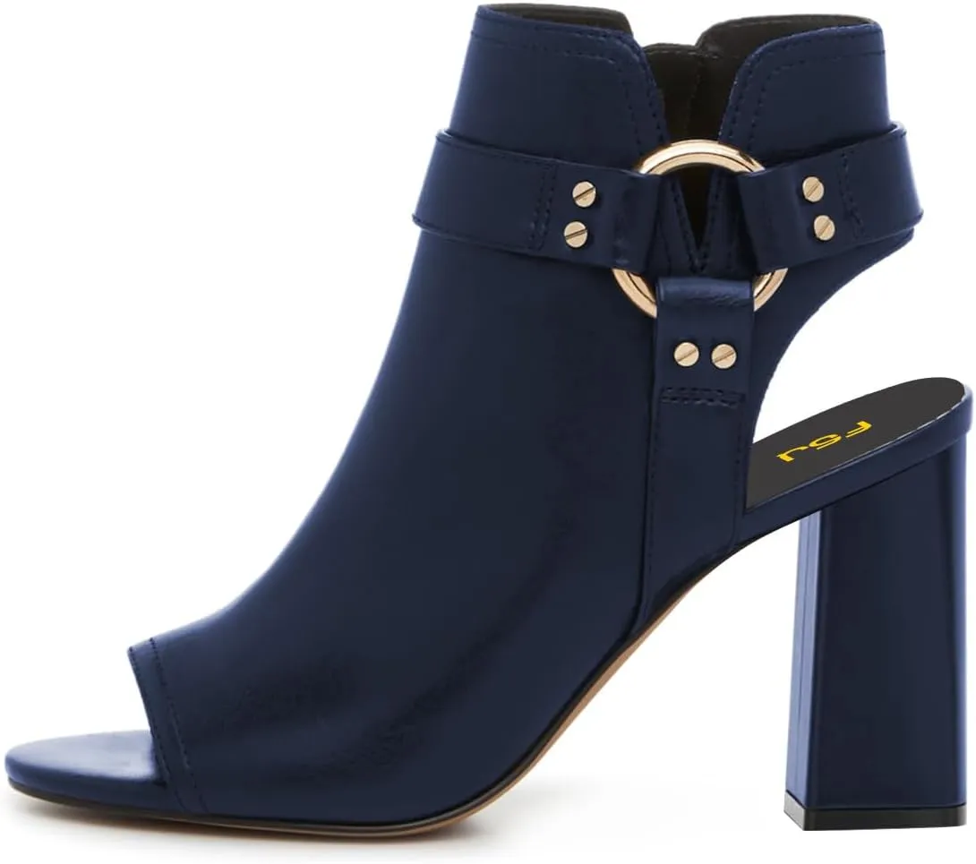 FSJ Women Peep Open Toe Ankle Booties Block Heel Metal Buckle High Heel Sandals Cutout Ankle Strap Zipper Cocktail Nightclub Pumps Shoes Size 4-16 US