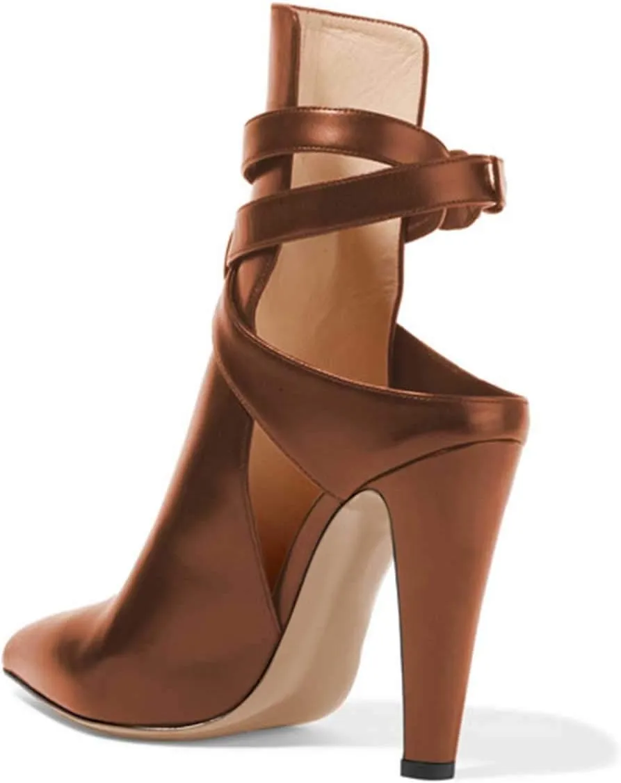 FSJ Women Pointed Toe Chunky High Heel Strappy Dress Bootie Pump Ankle Wrap Slingback Sandal Shoes Size 4-15 M US