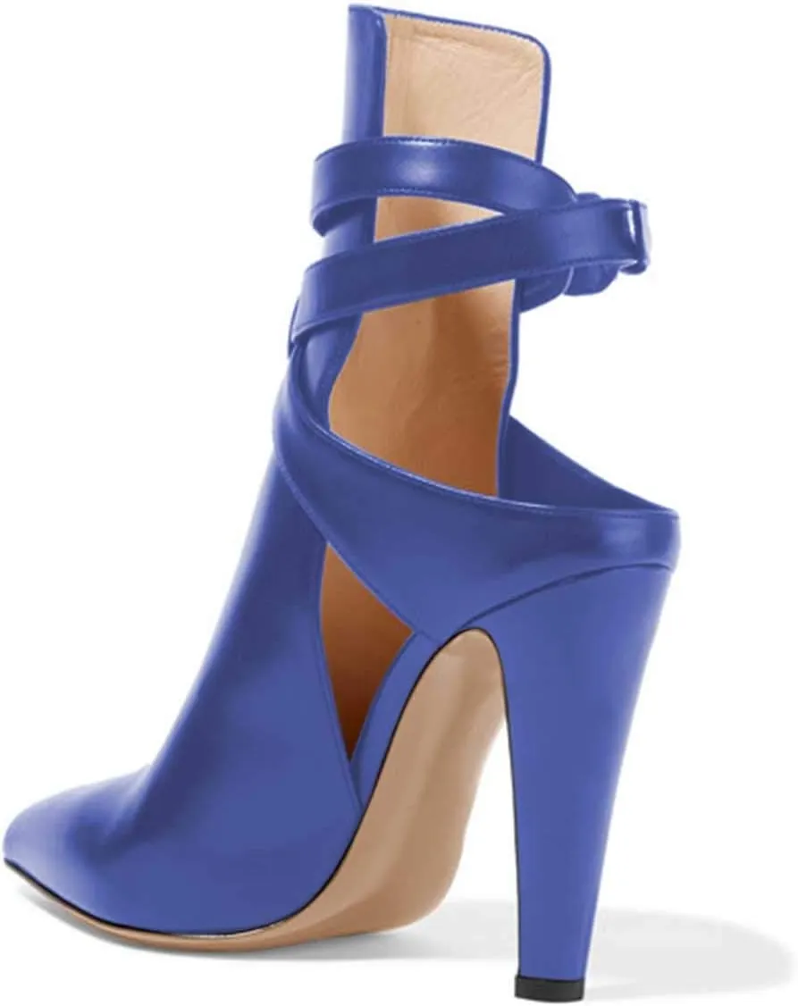 FSJ Women Pointed Toe Chunky High Heel Strappy Dress Bootie Pump Ankle Wrap Slingback Sandal Shoes Size 4-15 M US