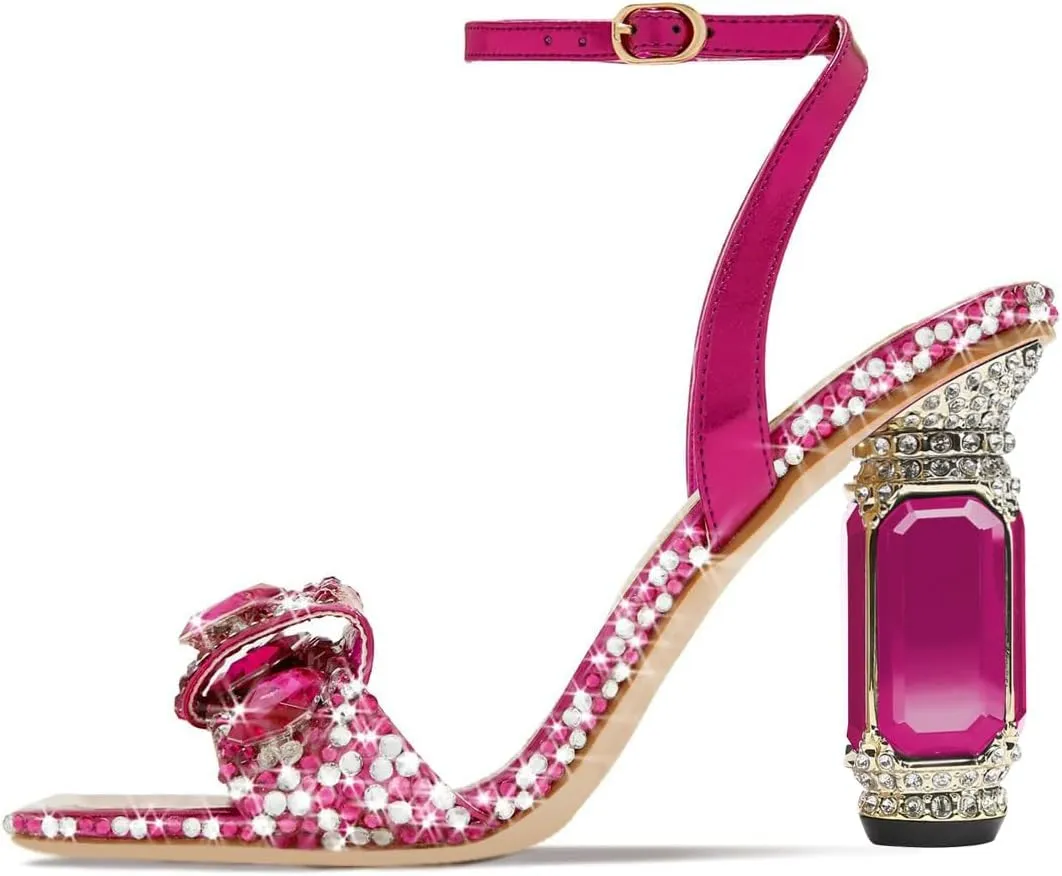 FSJ Women Square Open Toe Sandals Ankle Strap Chunky Block High Thick Heels Multicolor Diamond Heel Wedding Party Ballroom Prom Shoes Size 4-16 US