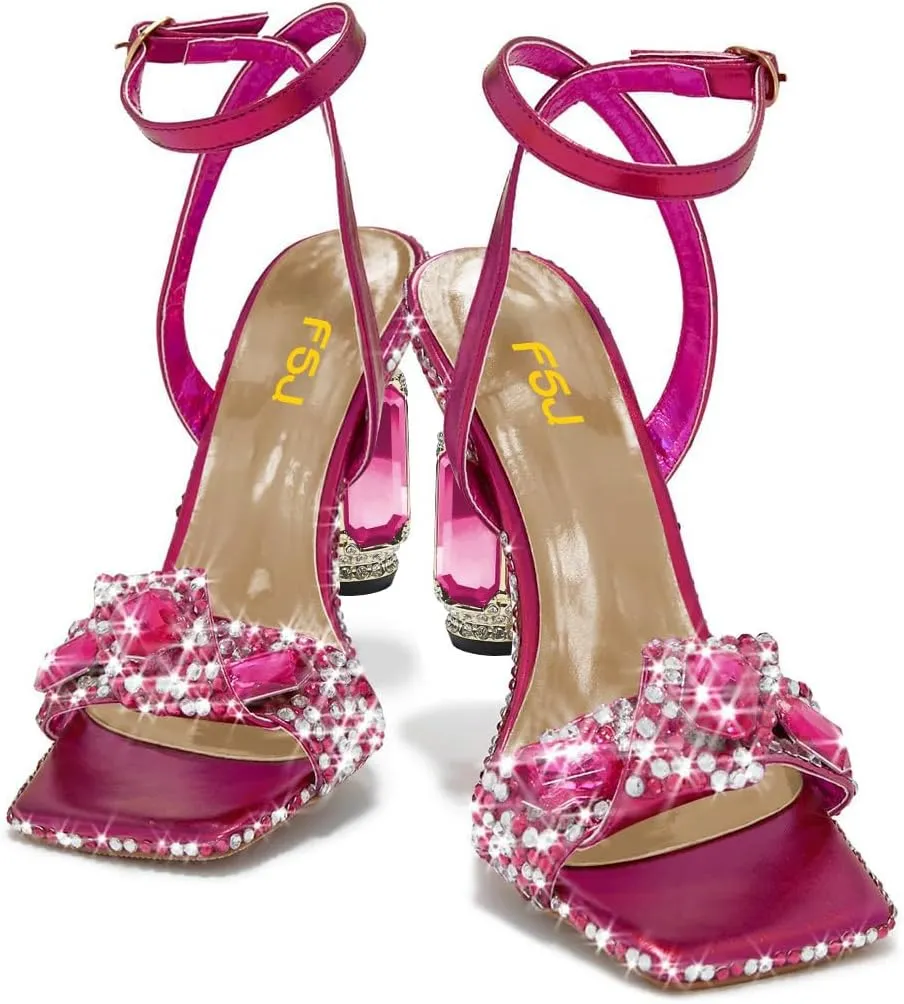 FSJ Women Square Open Toe Sandals Ankle Strap Chunky Block High Thick Heels Multicolor Diamond Heel Wedding Party Ballroom Prom Shoes Size 4-16 US