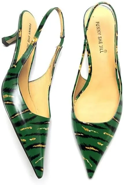 FSJ Women's Mid Kitten Heel Slingback Sandal Pointy Toe Sexy Pumps Comfortable Dress Party Walking Shoes Size 4-15 US
