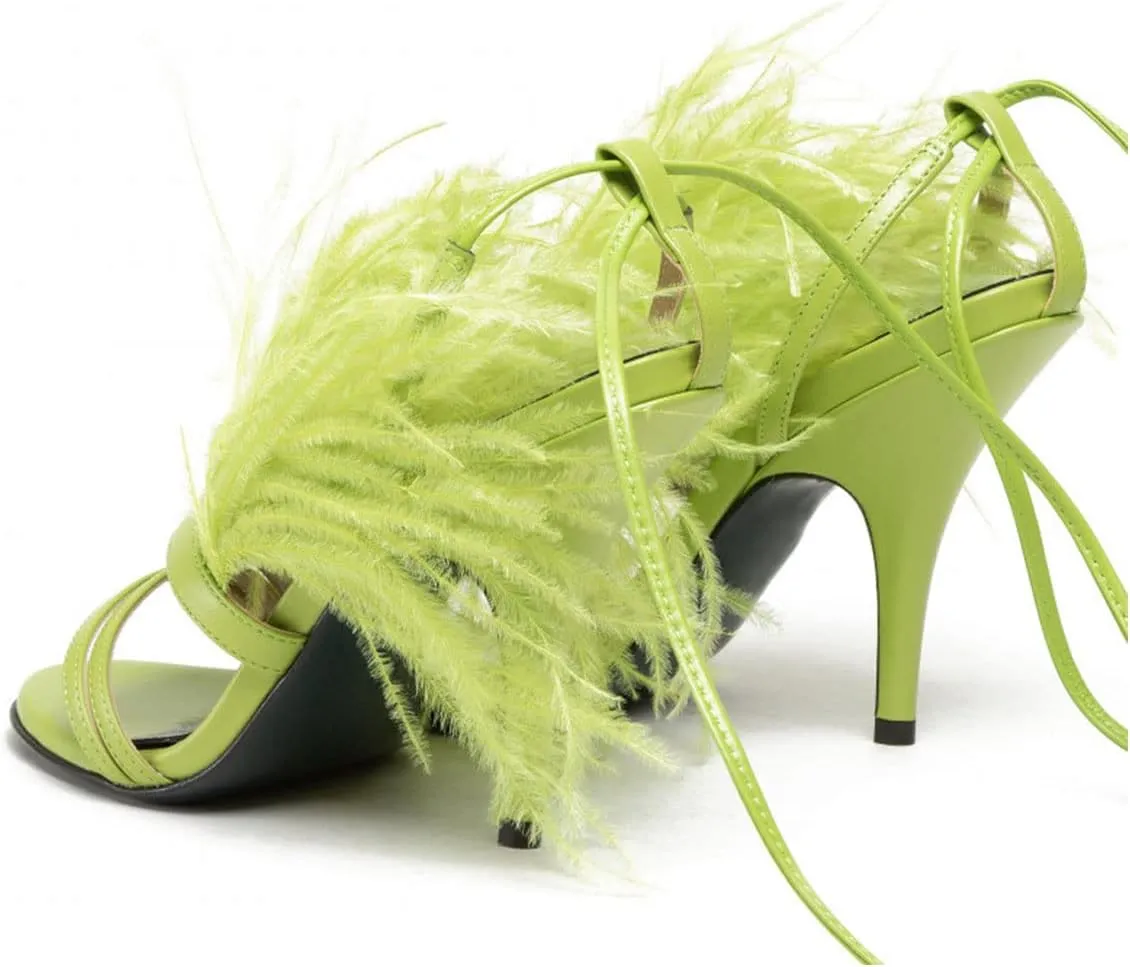 FYS Women Sexy Fluffy Feather Strappy Stiletto Heels Open Toe Lace Up Heeled Sandal Party Evening Dressy Shoes Size 4-15 US