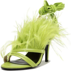 FYS Women Sexy Fluffy Feather Strappy Stiletto Heels Open Toe Lace Up Heeled Sandal Party Evening Dressy Shoes Size 4-15 US