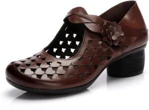 Genuine Leather Hollow Chunky Heel Pumps - Retro Closed Wide Head Adjustable Hook and Loop Block Heel Comfortable Breathable Fashionable Mom Pumps for Work Party