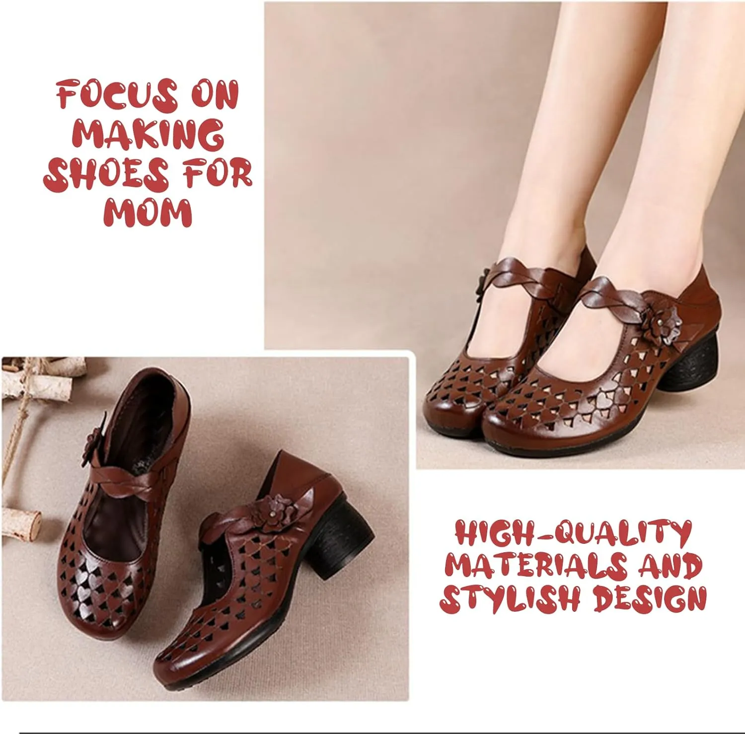 Genuine Leather Hollow Chunky Heel Pumps - Retro Closed Wide Head Adjustable Hook and Loop Block Heel Comfortable Breathable Fashionable Mom Pumps for Work Party