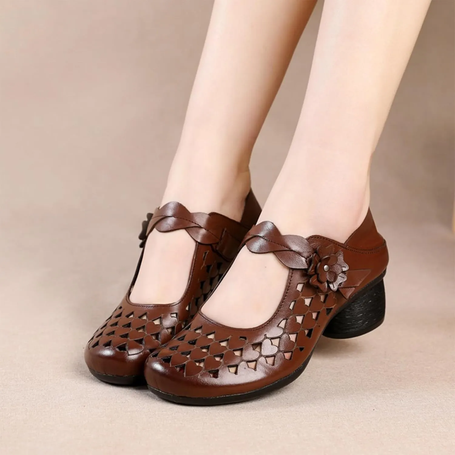 Genuine Leather Hollow Chunky Heel Pumps - Retro Closed Wide Head Adjustable Hook and Loop Block Heel Comfortable Breathable Fashionable Mom Pumps for Work Party