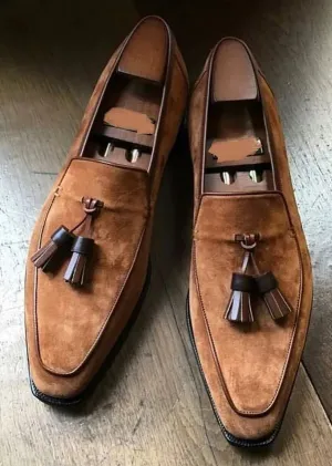 Handmade Tassels Brown Suede Slip Ons, Men Office Loafers Shoes, Dress Moccasins