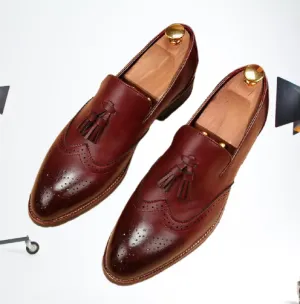 Handmade Wingtip Brogue Tassel Shoes for Men in Burgundy