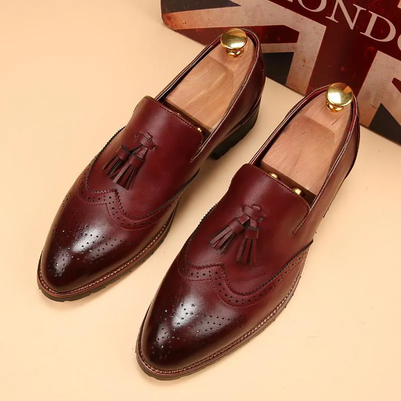 Handmade Wingtip Brogue Tassel Shoes for Men in Burgundy