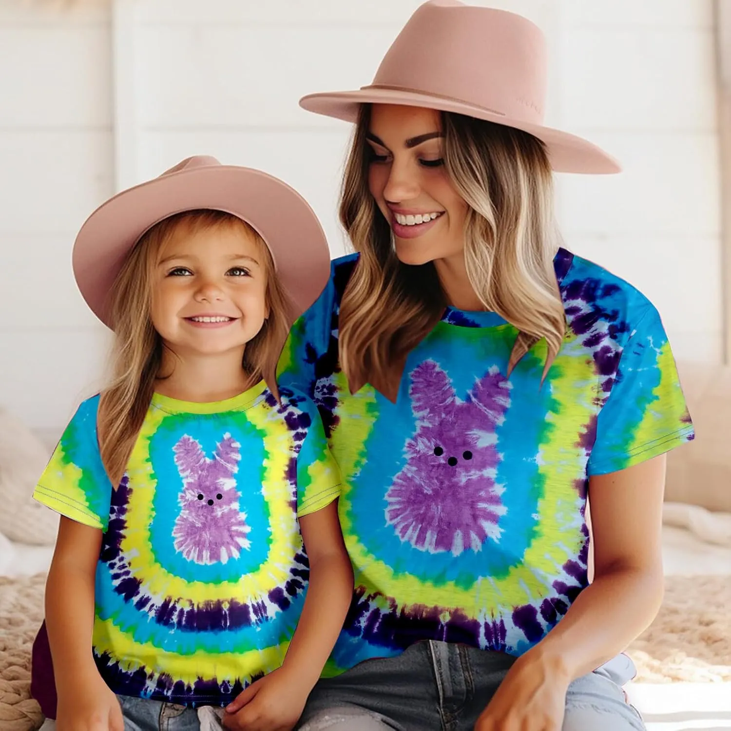 Happy Easter Family Matching Shirt Women Easter Sunday T-Shirt Cute Tie Dye Bunny Graphic Tee Holiday Short Sleeve Tops