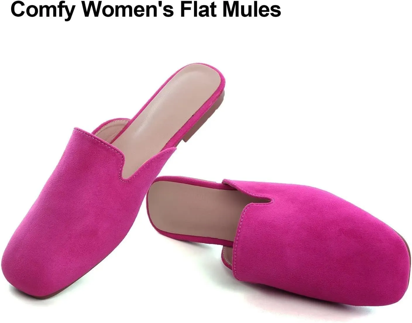 Hee grand Mules for Women Flats Square Toe Slip on Flat Slides Comfortable Suede Women Slippers Backless Loafer Shoes