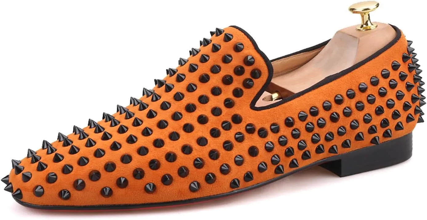 HI&HANN Men Velvet Shoes with Royal Blue Spike Slip-on Dress Loafer Smoking Slipper Male's Flats