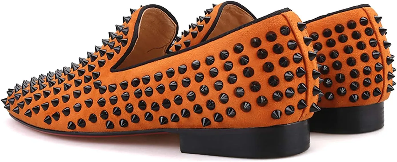 HI&HANN Men Velvet Shoes with Royal Blue Spike Slip-on Dress Loafer Smoking Slipper Male's Flats