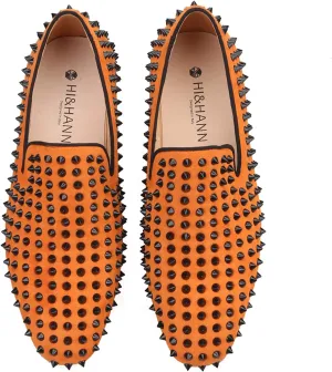 HI&HANN Men Velvet Shoes with Royal Blue Spike Slip-on Dress Loafer Smoking Slipper Male's Flats