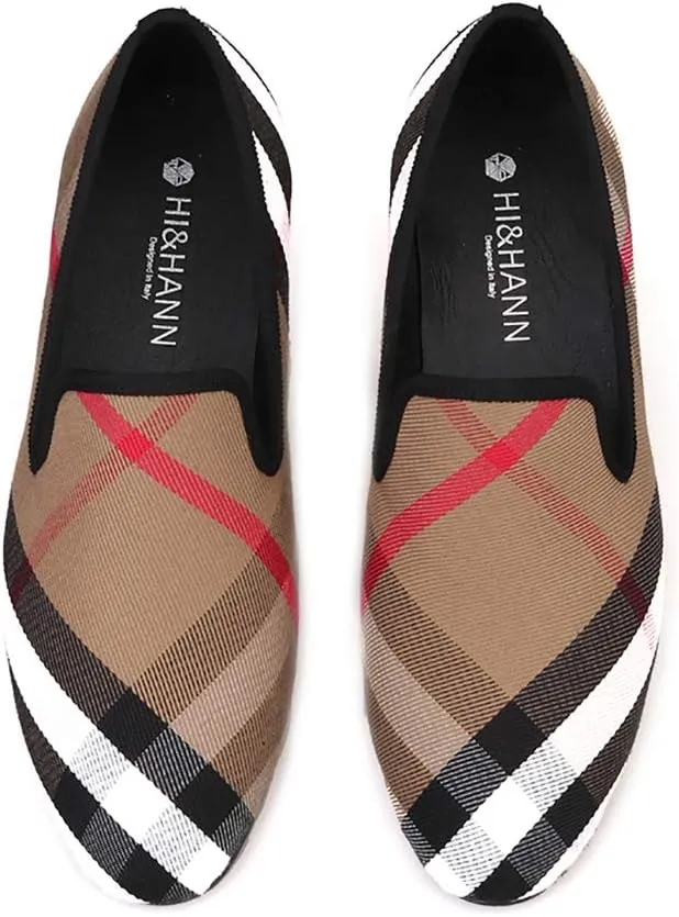 HI&HANN Plaid Canvas Loafers Men 's Casual Shoes Smoking Slipper