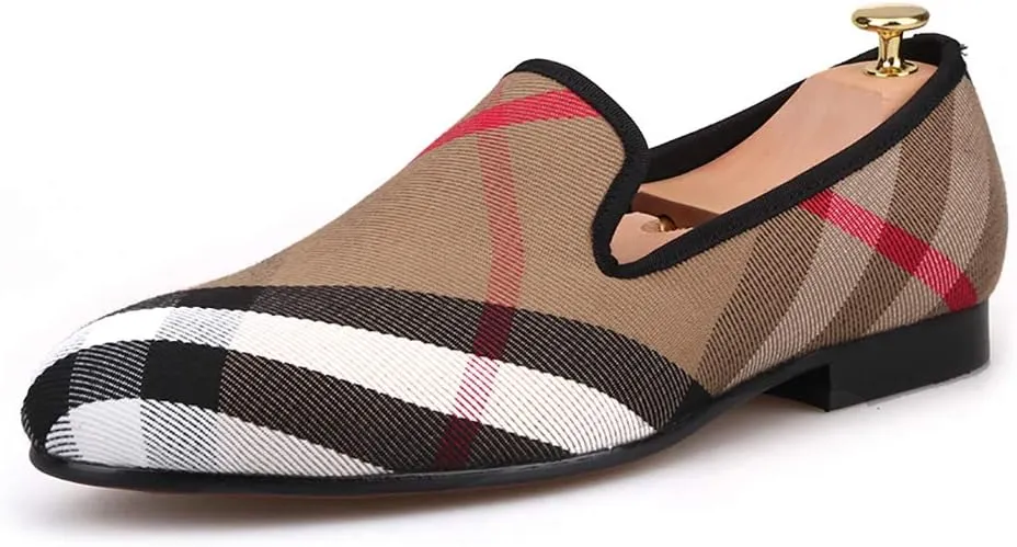 HI&HANN Plaid Canvas Loafers Men 's Casual Shoes Smoking Slipper
