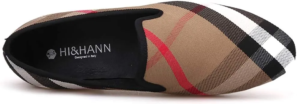 HI&HANN Plaid Canvas Loafers Men 's Casual Shoes Smoking Slipper