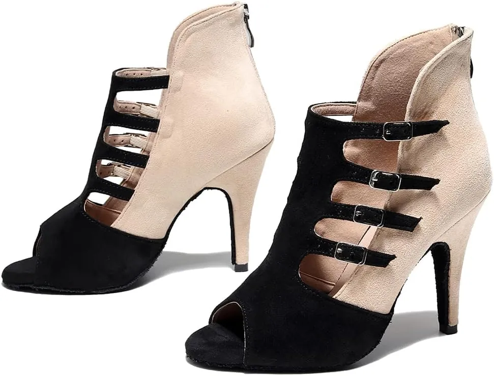 HIPPOSEUS Women's Latin Dance Boots Peep Toe Samba Salsa Ballroom Dancing Boots with Zipper