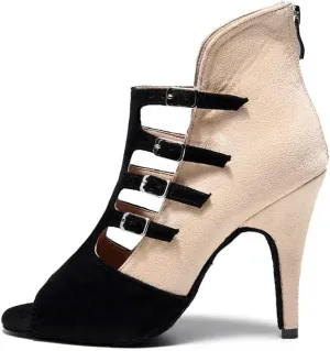 HIPPOSEUS Women's Latin Dance Boots Peep Toe Samba Salsa Ballroom Dancing Boots with Zipper