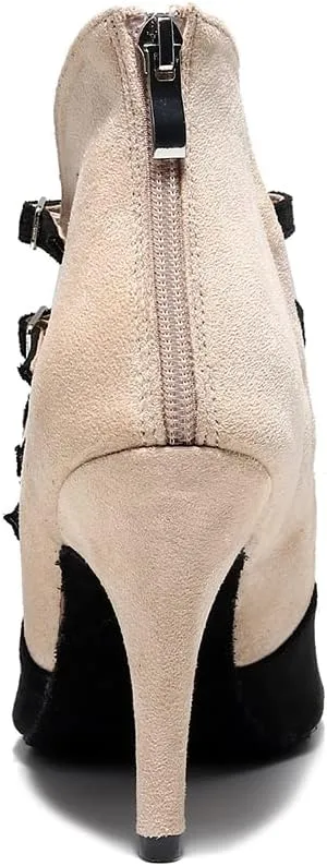 HIPPOSEUS Women's Latin Dance Boots Peep Toe Samba Salsa Ballroom Dancing Boots with Zipper