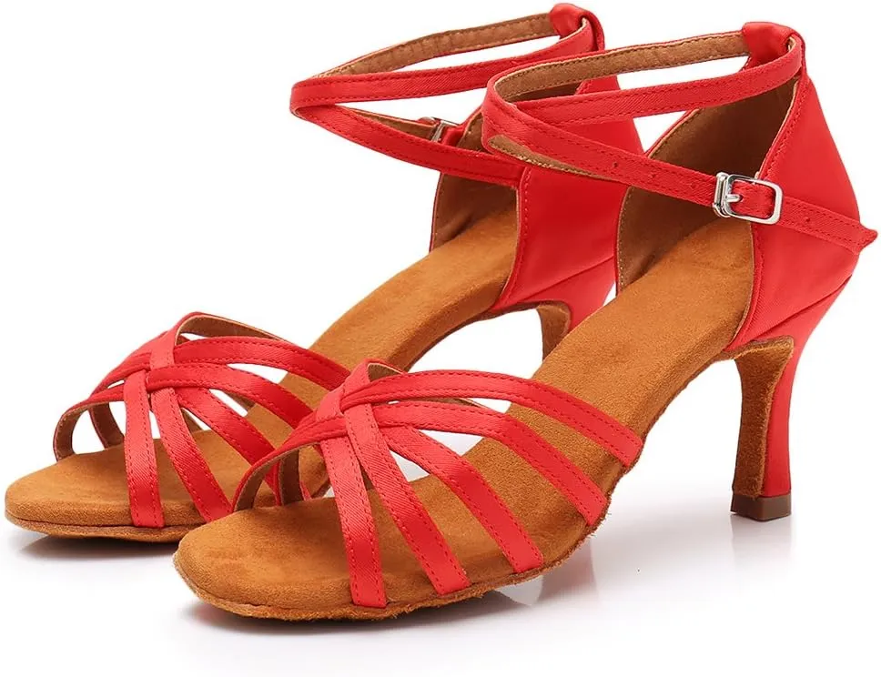 HIPPOSEUS Women's Open Toe Latin Dance Shoes Ankle Strap Ballroom Salsa Bachata Dancing Shoes Suede Outsole