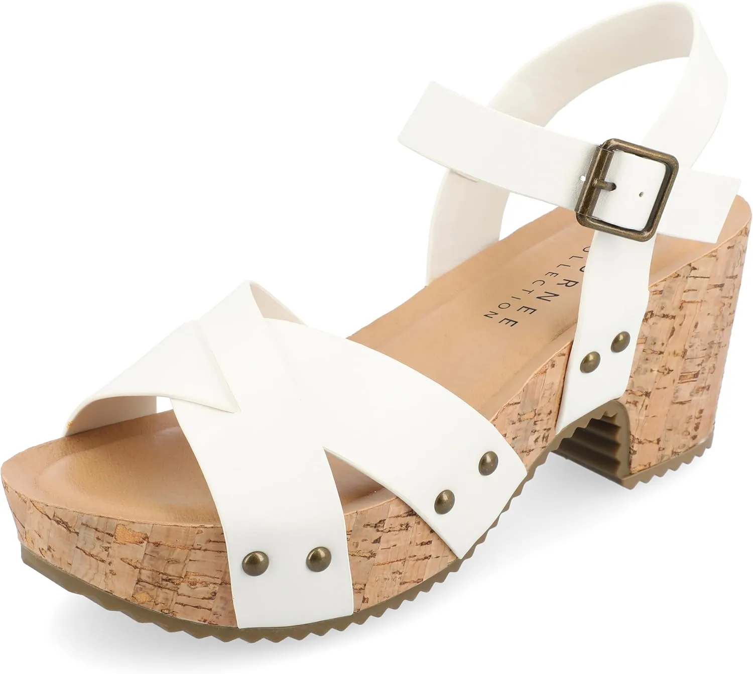 Journee Womens Crisscross Studded Chunky Block Cork Heel Buckle Ankle Strap Open Round Toe Valentina Platform