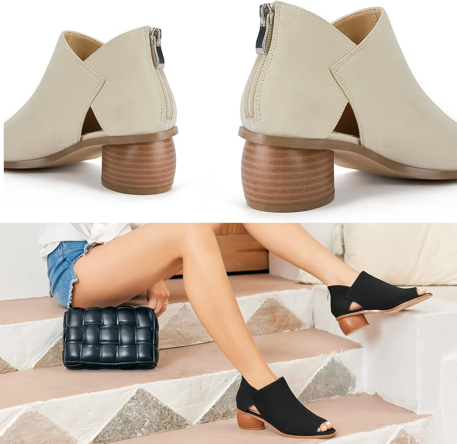 LAICIGO Womens Heeled Sandals Peep Toe Ankle Boots Chunky Heels V Cut Back Zipper Mid Heel Faux Suede Dress Pumps Shoes