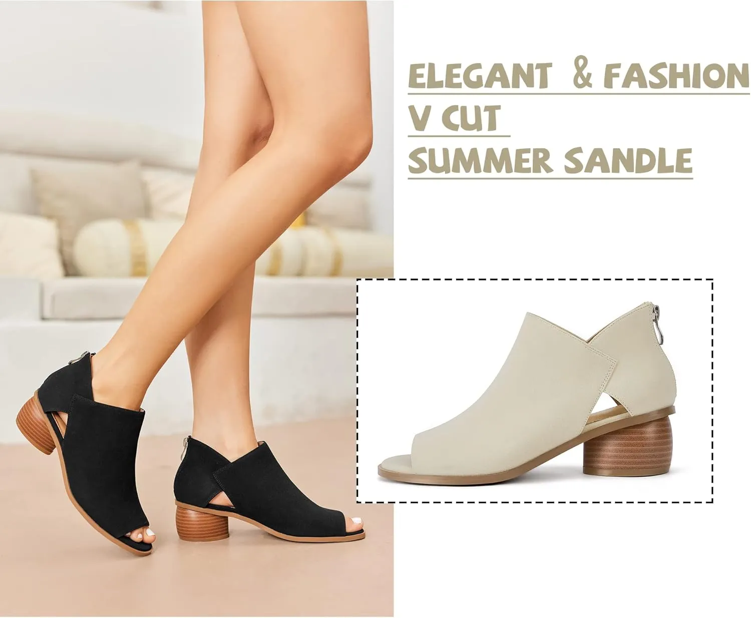 LAICIGO Womens Heeled Sandals Peep Toe Ankle Boots Chunky Heels V Cut Back Zipper Mid Heel Faux Suede Dress Pumps Shoes
