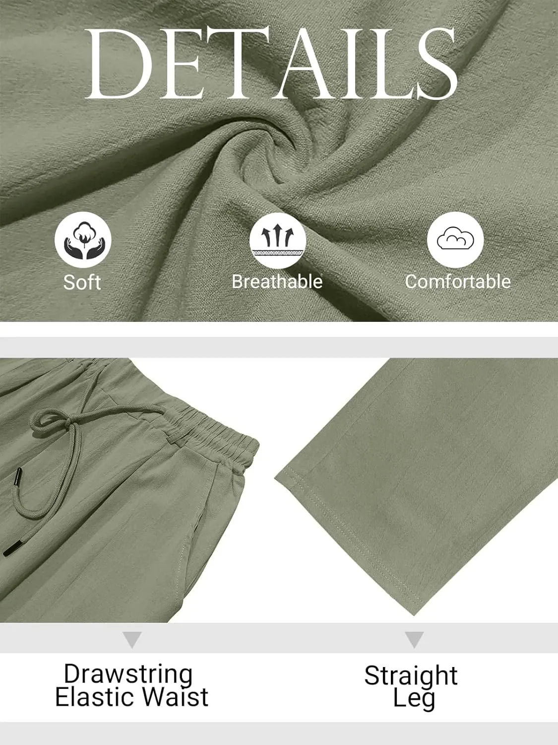 Mens Casual Linen Pants Loose Fit Elastic Drawstring Waist Straight-Legs Summer Yoga Beach Long Pants