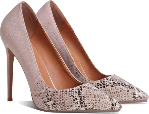 MOOMMO Women Pointed Toe Stiletto Pumps High Heel Slip On Suede Leather Sandals Closed Toe Snake Pattern Patchwork Classic Sexy Party Dress Shoes 4-11 M US