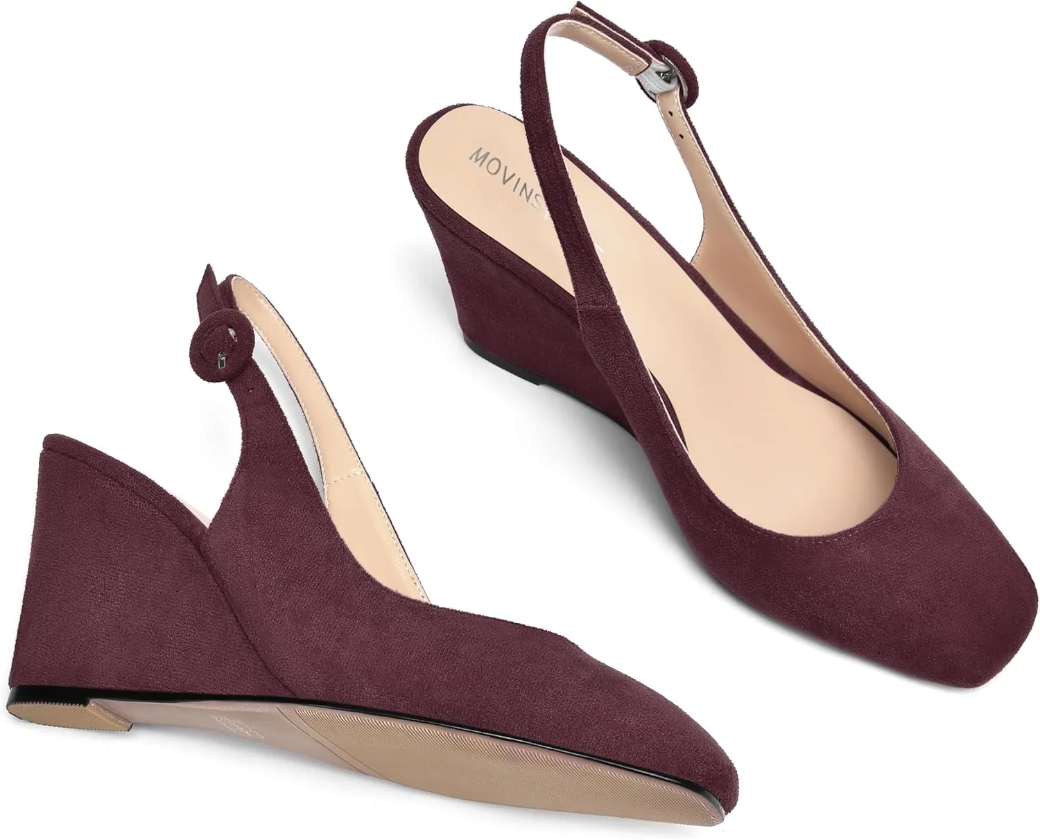 MOVINSTEPS Womens Solid Suede Square Toe Wedding Adjustable Strap Sexy Buckle Wedge High Heel Pumps Shoes 3.3 Inch