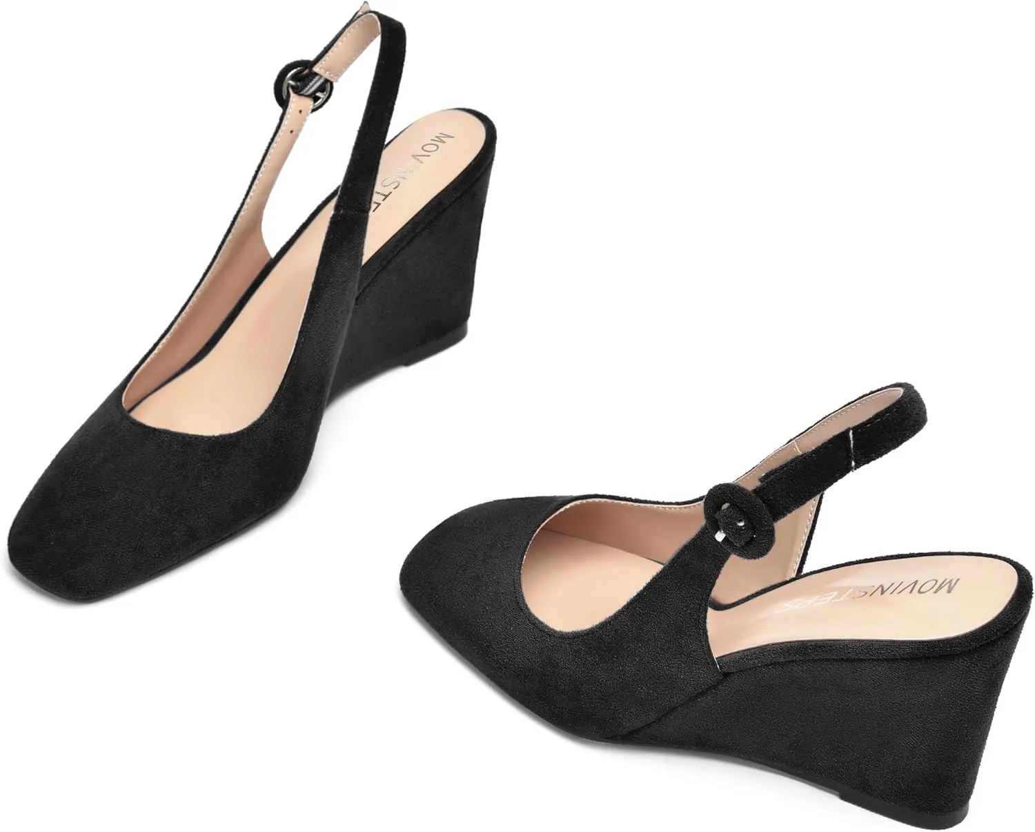 MOVINSTEPS Womens Solid Suede Square Toe Wedding Adjustable Strap Sexy Buckle Wedge High Heel Pumps Shoes 3.3 Inch