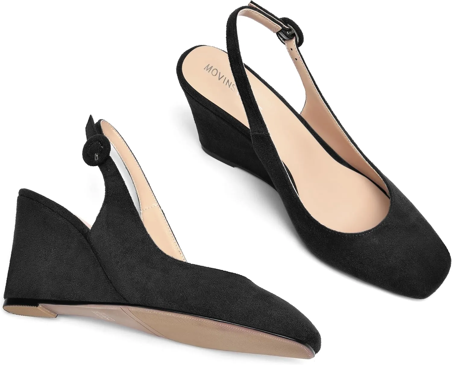MOVINSTEPS Womens Solid Suede Square Toe Wedding Adjustable Strap Sexy Buckle Wedge High Heel Pumps Shoes 3.3 Inch