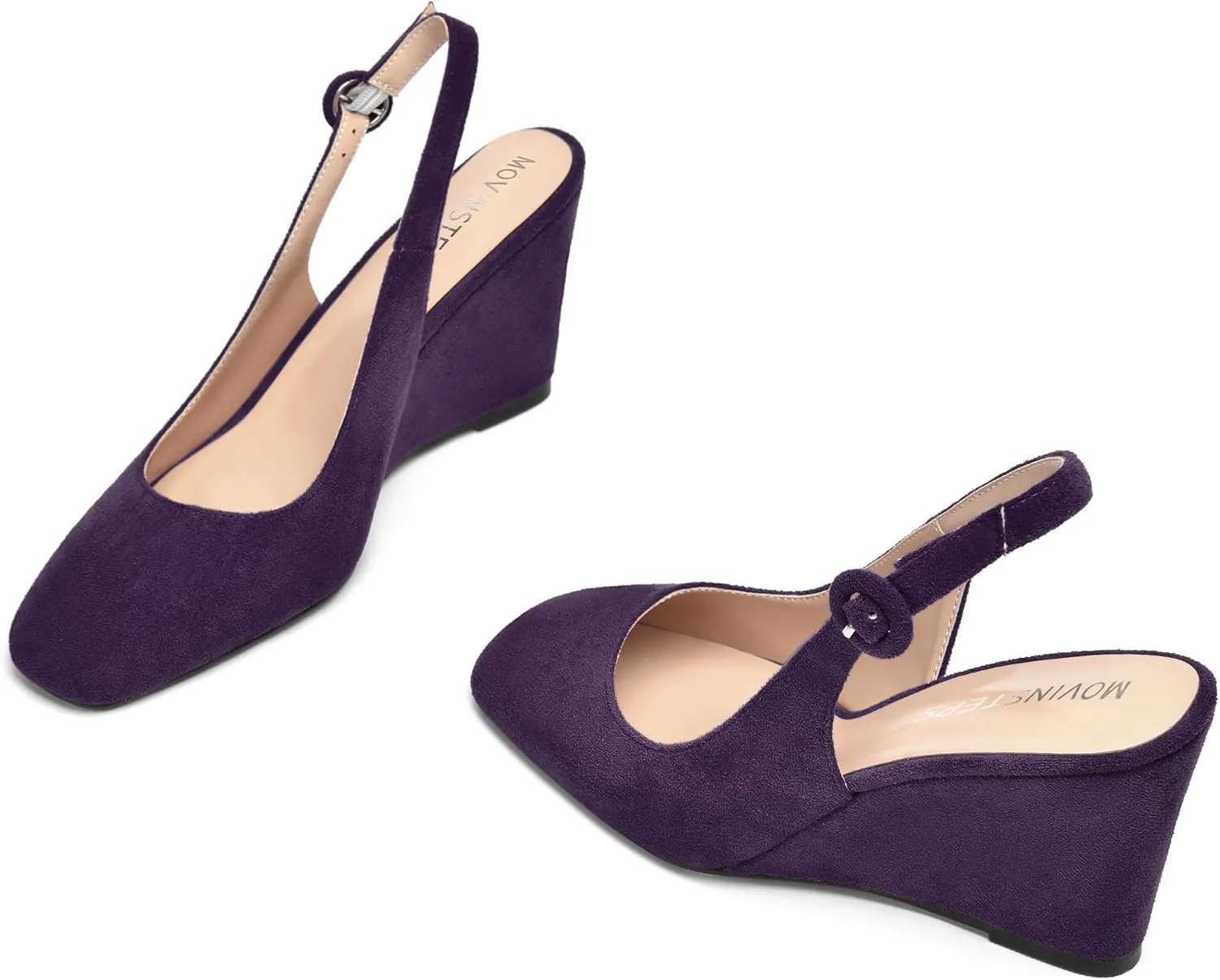 MOVINSTEPS Womens Solid Suede Square Toe Wedding Adjustable Strap Sexy Buckle Wedge High Heel Pumps Shoes 3.3 Inch