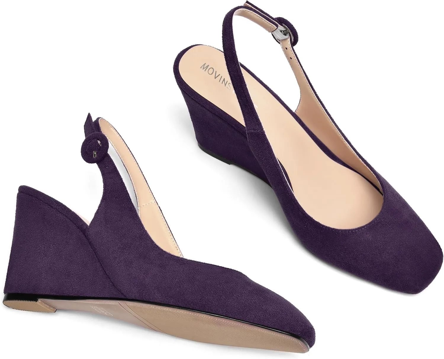 MOVINSTEPS Womens Solid Suede Square Toe Wedding Adjustable Strap Sexy Buckle Wedge High Heel Pumps Shoes 3.3 Inch