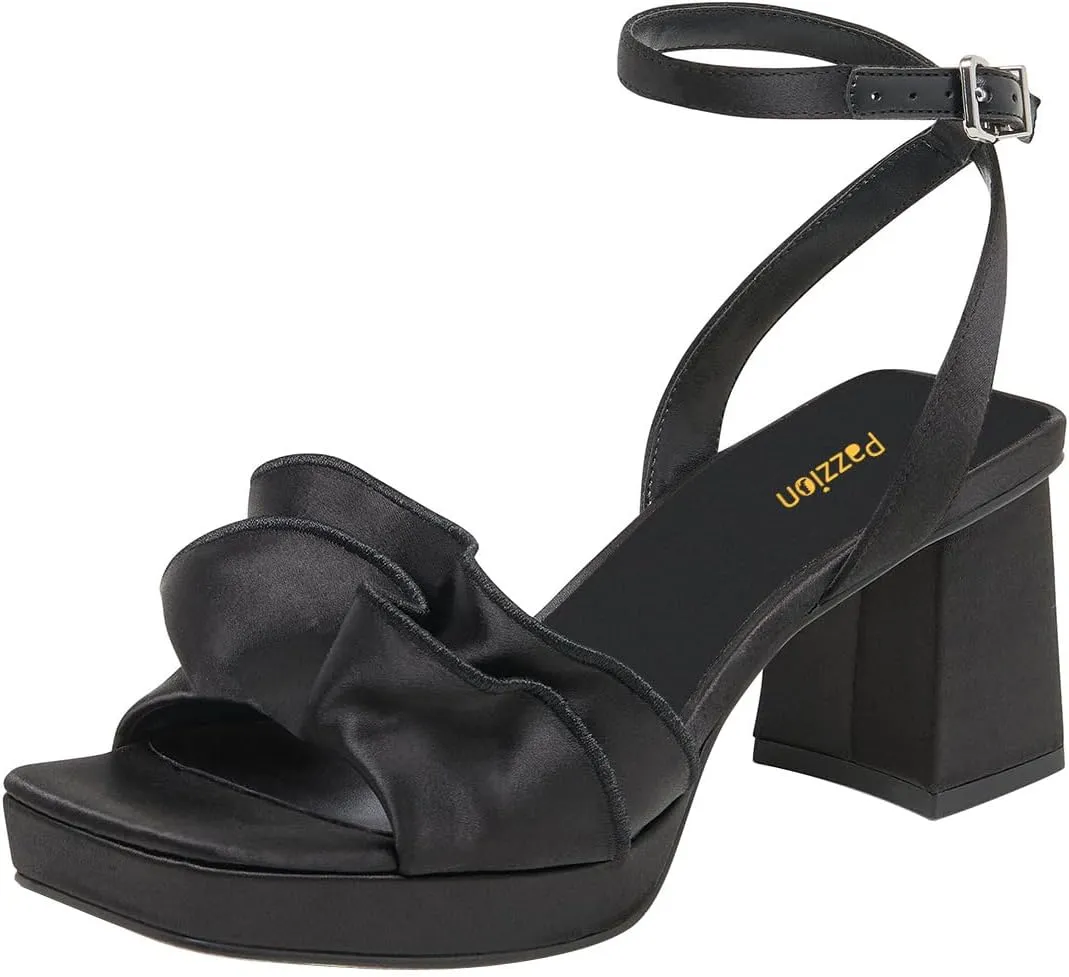 Pazzion Women Platform Square Toe Pleated Ruffle Sandal Block High Heel Strap Buckle Pumps Sexy Club Prom Casual Shoes Size 4-16 US