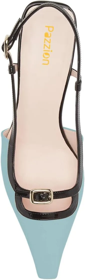 Pazzion Women's Square Toe Stiletto Heeled Slingback Pumps Mid Heel Backstrap Buckle Slip On Sandal Casual Outdoor Dress Shoes Size 4-16 US