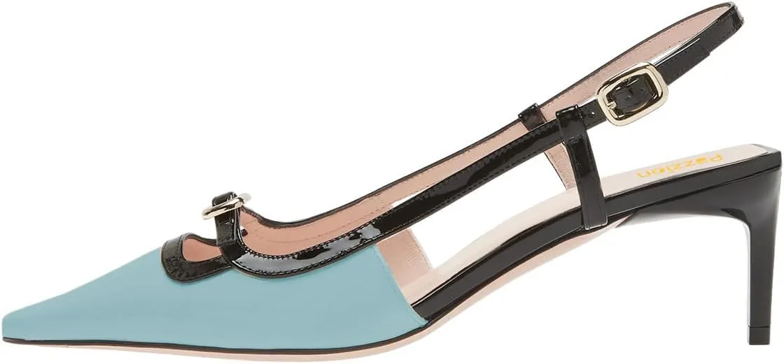 Pazzion Women's Square Toe Stiletto Heeled Slingback Pumps Mid Heel Backstrap Buckle Slip On Sandal Casual Outdoor Dress Shoes Size 4-16 US