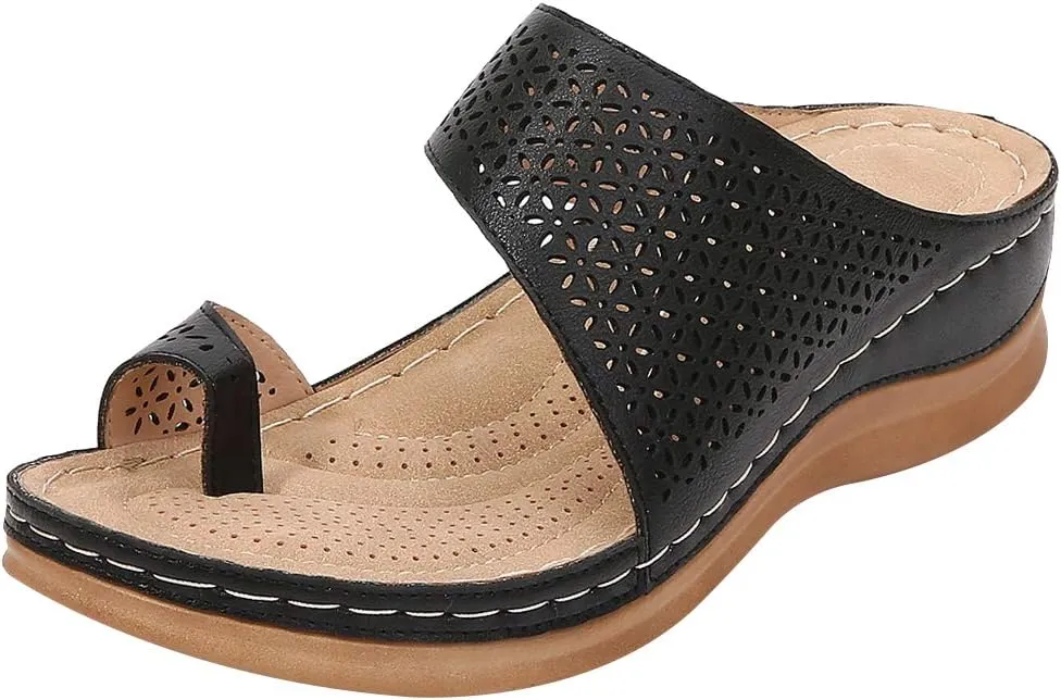 rismart Women's Slide Wedge Sandal Ring Toe Summer Hollow Flip Flops Bunion Corrector Slippers