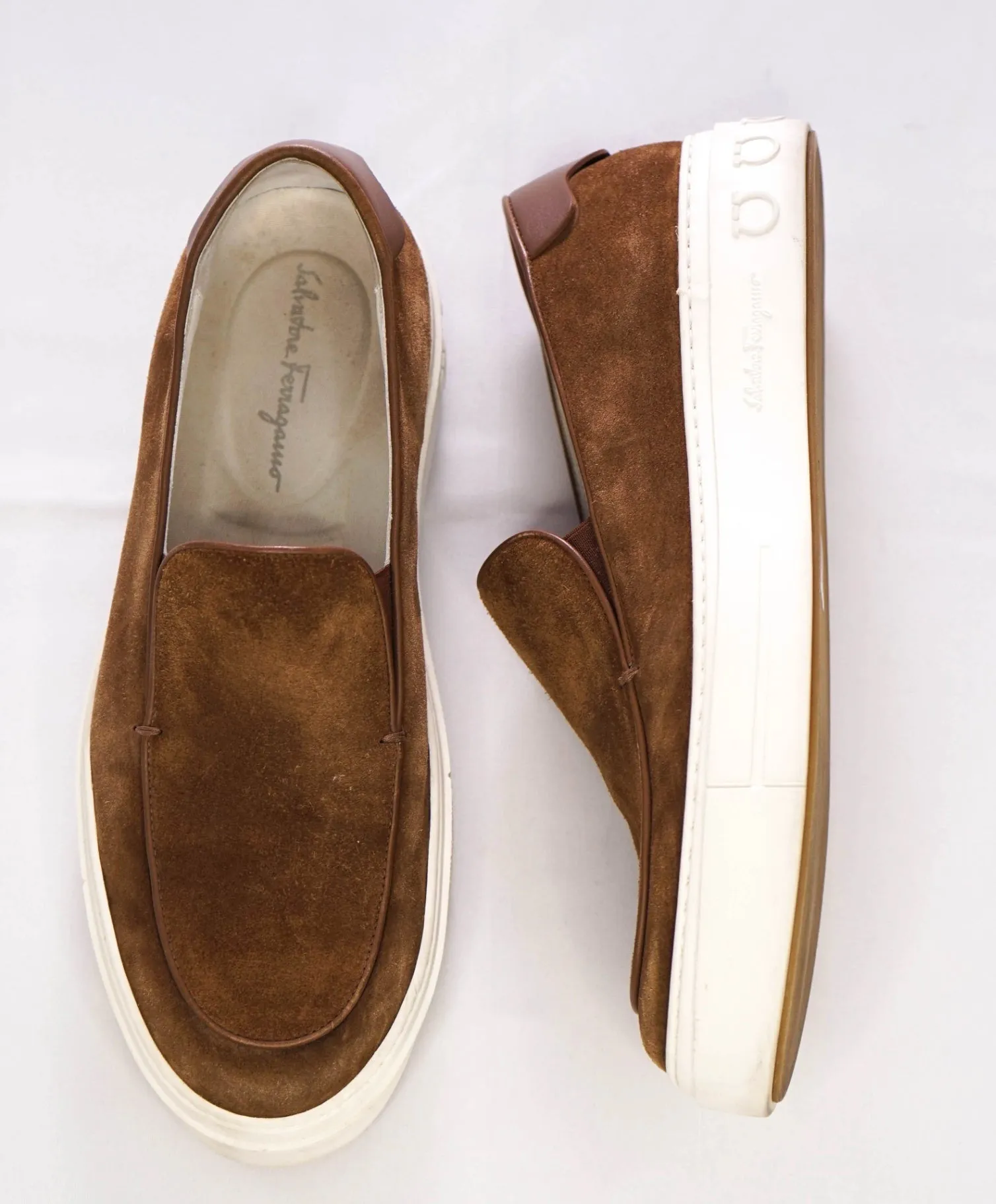 Salvatore Ferragamo Brown LOGO HEEL Suede Boat Shoe Loafer 8.5 M
