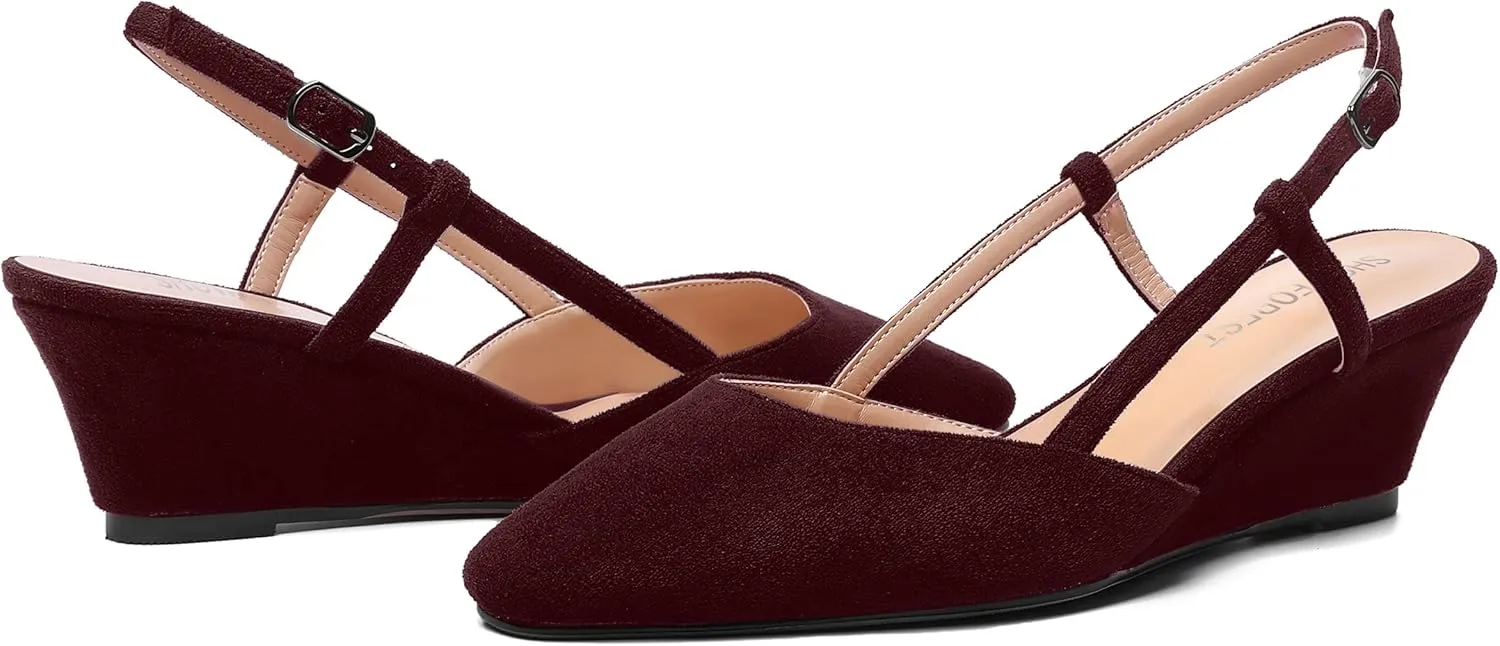 SHOWFOREST Womens Party Casual Buckle Square Toe Suede Adjustable Strap Solid Wedge Low Heel Pumps Shoes 2 Inch