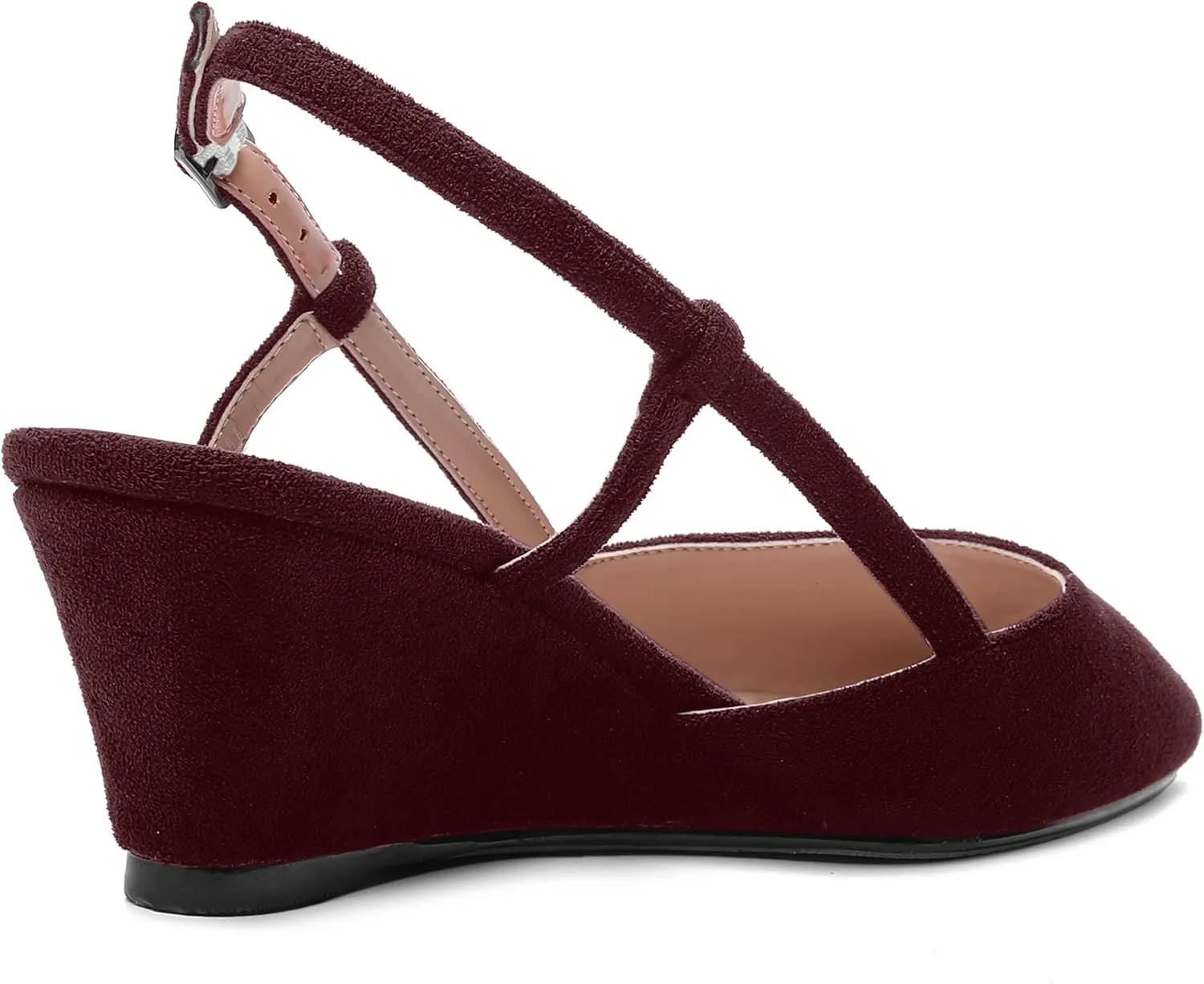 SHOWFOREST Womens Party Casual Buckle Square Toe Suede Adjustable Strap Solid Wedge Low Heel Pumps Shoes 2 Inch