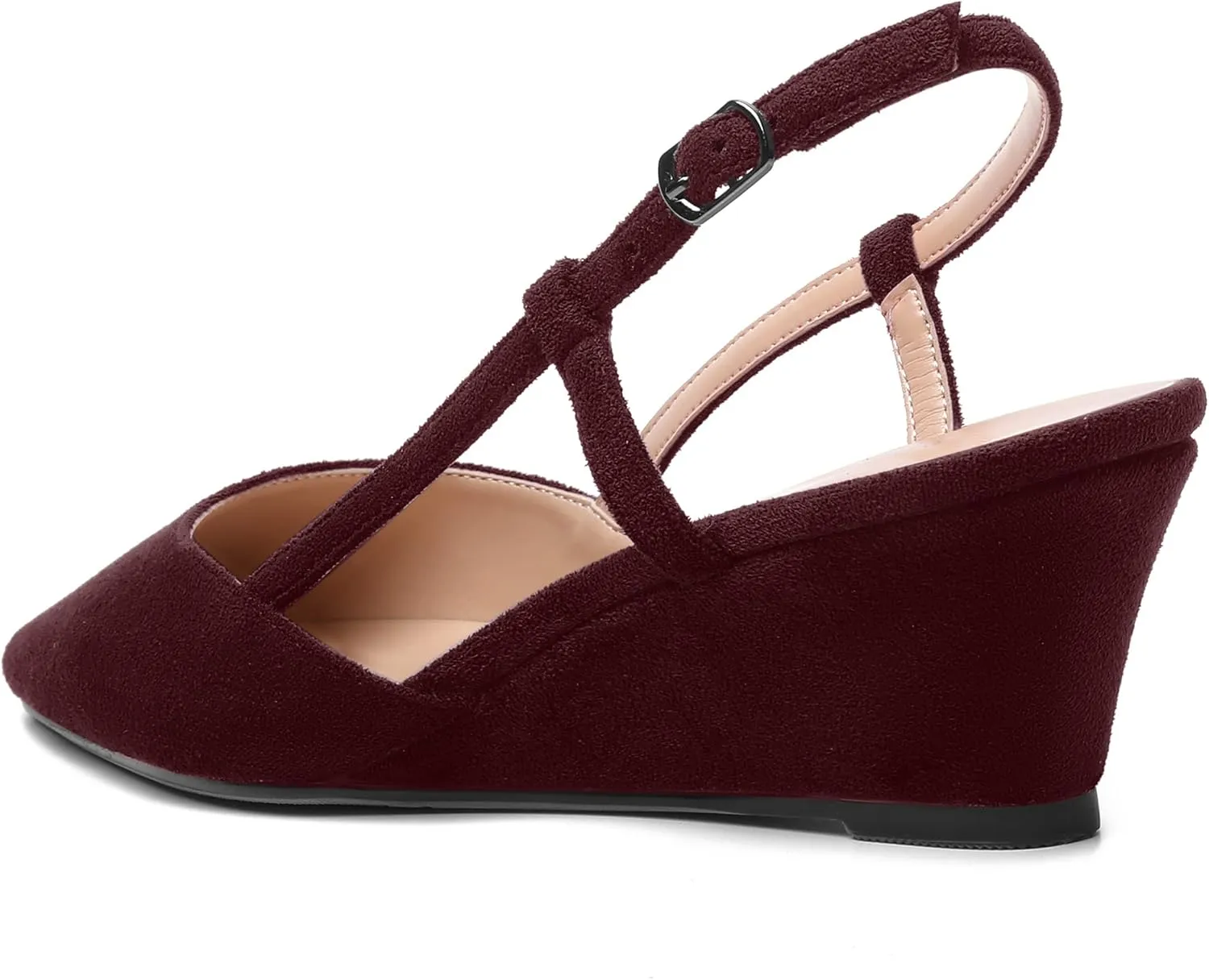 SHOWFOREST Womens Party Casual Buckle Square Toe Suede Adjustable Strap Solid Wedge Low Heel Pumps Shoes 2 Inch