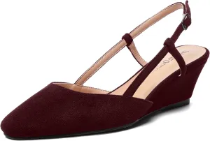 SHOWFOREST Womens Party Casual Buckle Square Toe Suede Adjustable Strap Solid Wedge Low Heel Pumps Shoes 2 Inch