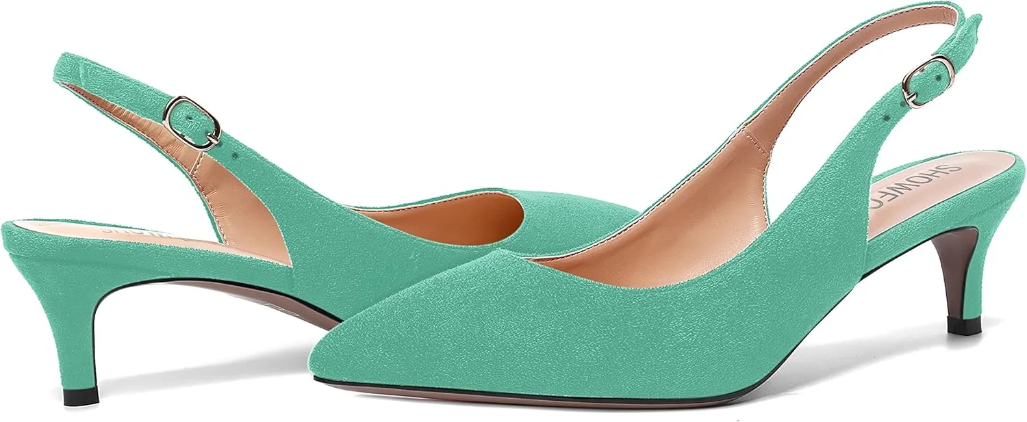 SHOWFOREST Womens Pointed Toe Sexy Suede Buckle Solid Slingback Wedding Kitten Low Heel Pumps Shoes 2 Inch