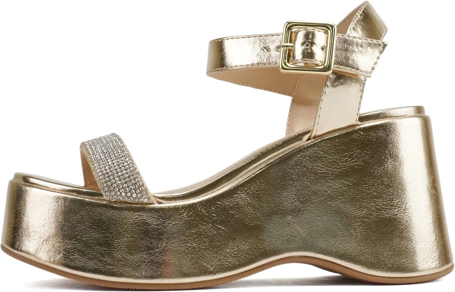 Soda “FRAYA” ~ Women Open Square Toe Platform Flatform Rhinestone Single Band Ankle Strap Wedge Sandal