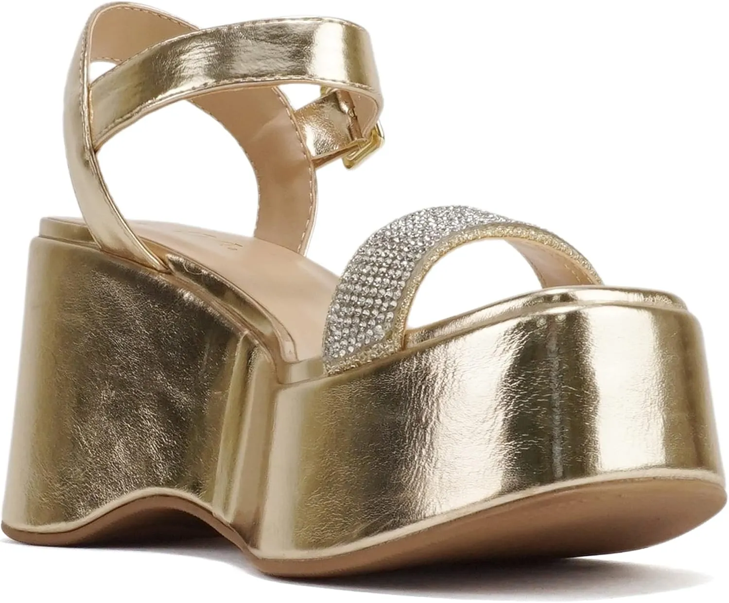 Soda “FRAYA” ~ Women Open Square Toe Platform Flatform Rhinestone Single Band Ankle Strap Wedge Sandal