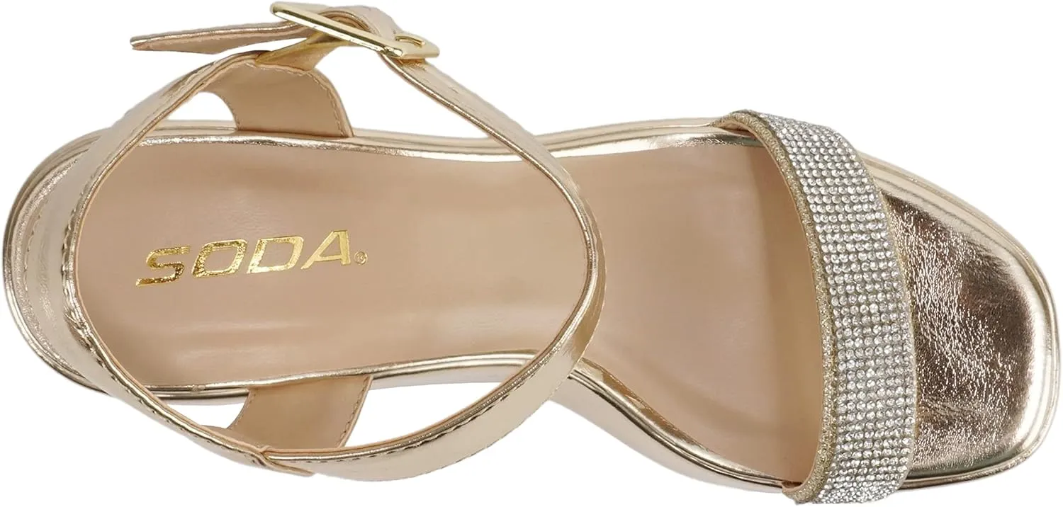 Soda “FRAYA” ~ Women Open Square Toe Platform Flatform Rhinestone Single Band Ankle Strap Wedge Sandal