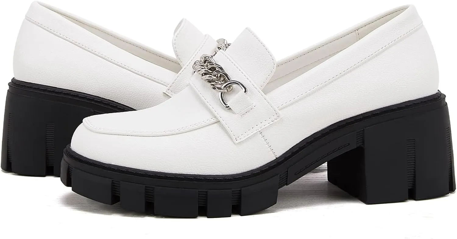 TINSTREE Platform Loafers for Women with Chain Comfort Chunky Heel Slip On Round Toe Business Work Shoes